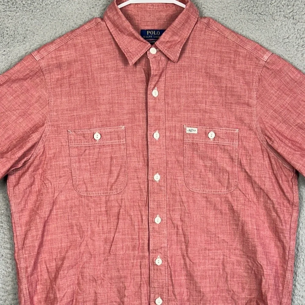 Polo Ralph Lauren Shirt Mens Large Red Classic Fit Buton Up Short Sleeve Pockets